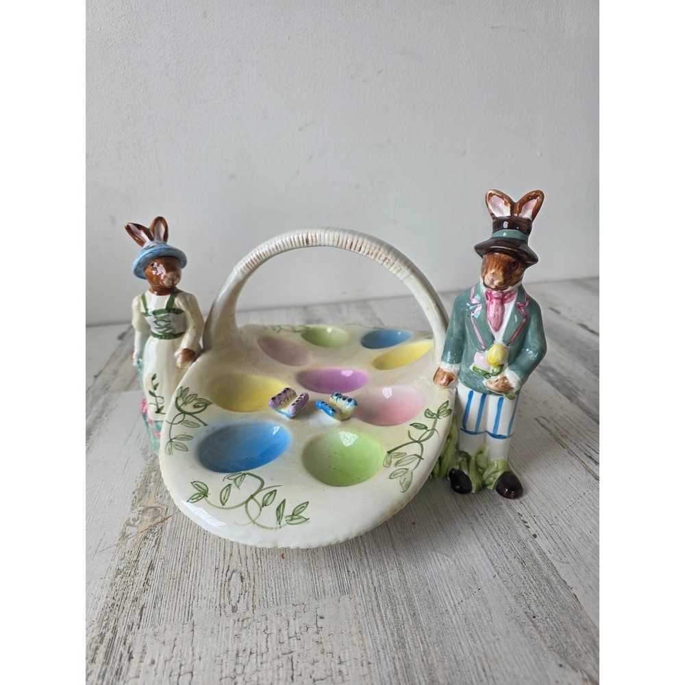 Vintage ceramic egg basket holder bunny rabbit butterfly spring pastel decor